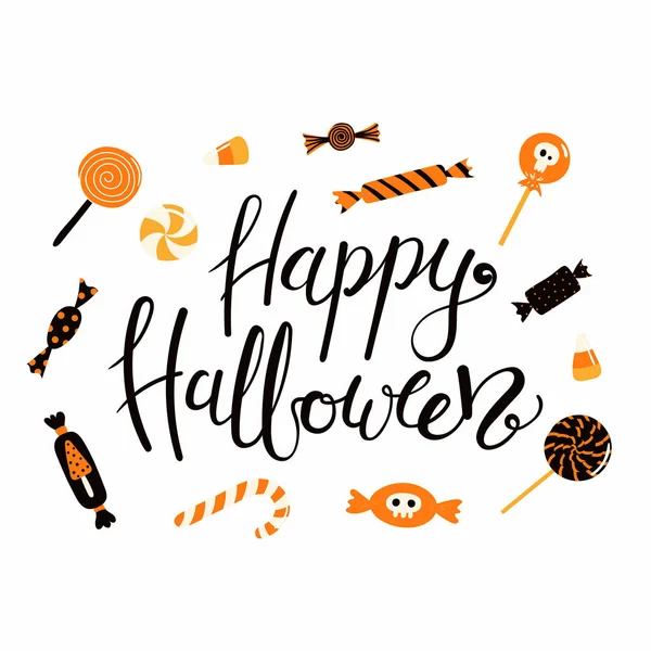 Banner Mit Handgeschriebenem Schriftzug Zitat Happy Halloween Und Bonbons Konzept — Stockvektor