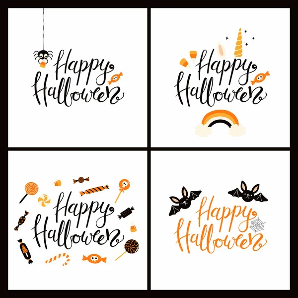 Set Cards Hand Written Quotes Happy Halloween Unicorn Horn Spider — Stock Vector