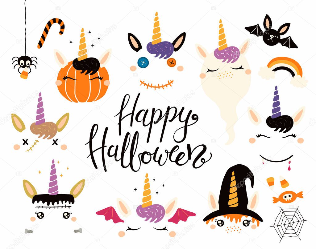  Hand drawn Halloween set with cute unicorns, pumpkin, ghost, witch, vampire, zombie, Frankenstein, devil, Concept for children print party