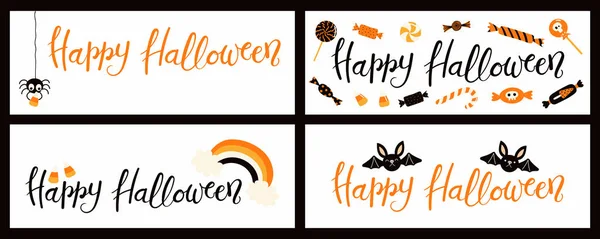 Banner Mit Handgeschriebenen Zitaten Happy Halloween Spinne Süßigkeiten Fledermäuse Regenbogen — Stockvektor