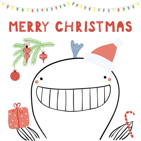 Hand Getekend Vectorillustratie Van Een Leuke Grappige Walvis Een Kerstman — Stockvector