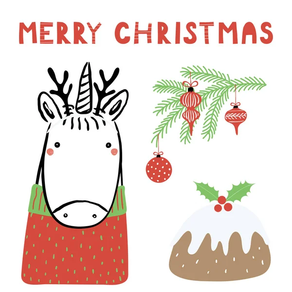 귀여운 유니콘과 나뭇가지와 텍스트 크리스마스 크리스마스 카드에 디자인 개념의 그려진된 — 스톡 벡터