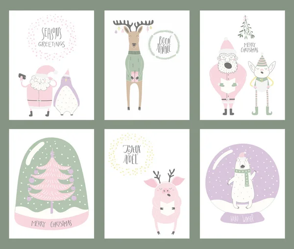 Conjunto Cartas Navidad Dibujadas Mano Con Dibujos Animados Divertidos Lindo — Vector de stock