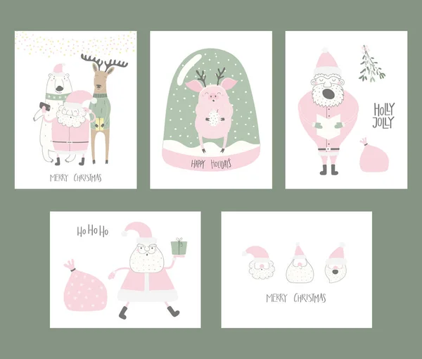 Conjunto Cartões Natal Desenhados Mão Com Desenhos Animados Engraçados Bonitos — Vetor de Stock