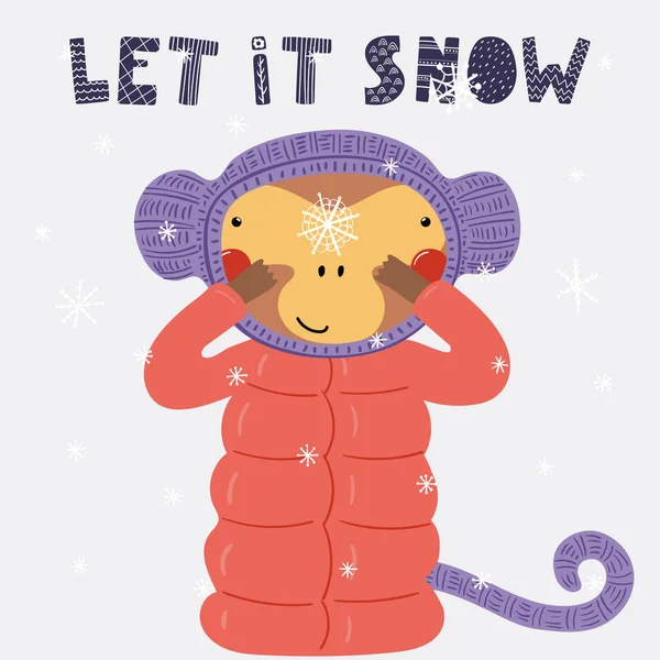 겨울에 야외에서 눈송이 귀여운 원숭이의 그려진된 일러스트 텍스트 그것은 스칸디나비아 — 스톡 벡터