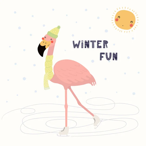 手绘向量例证逗人喜爱的滑稽的火烈鸟在户外滑冰冬季 与文本冬季乐趣 斯堪的纳维亚风格平面设计 儿童打印概念 — 图库矢量图片