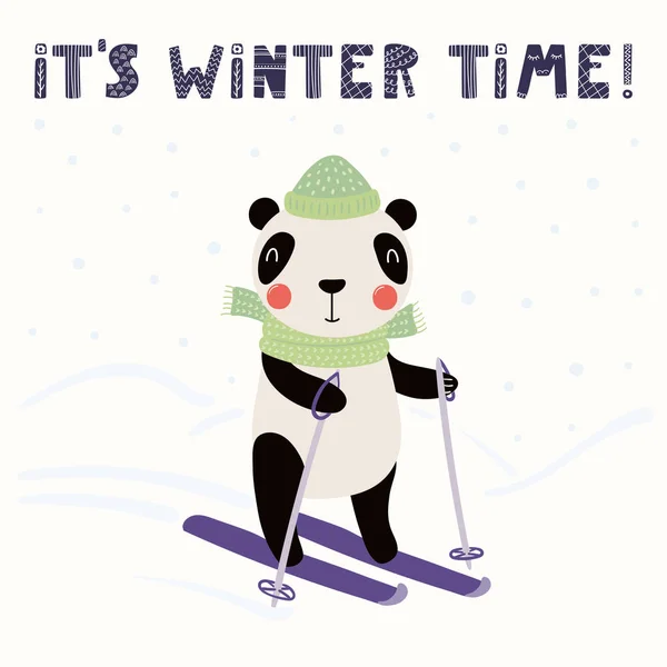 텍스트와 겨울에는 귀여운 팬더의 그려진된 일러스트 스칸디나비아 스타일 디자인입니다 어린이 — 스톡 벡터