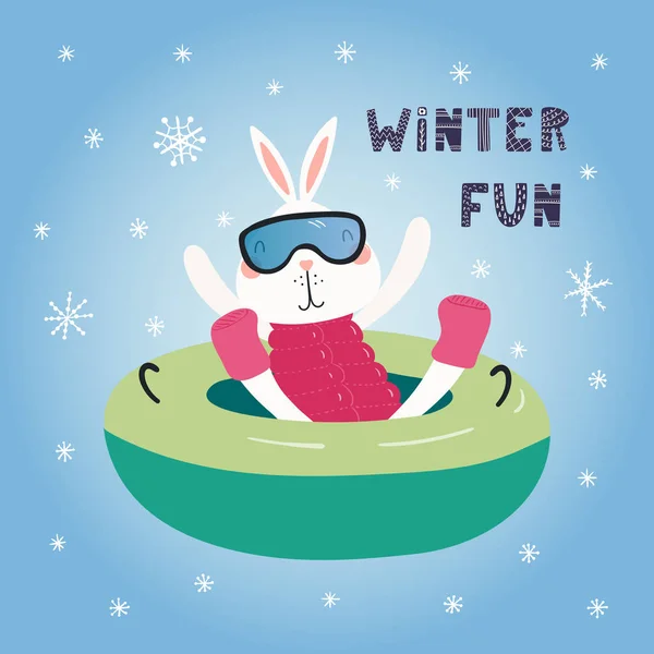 Ručně Kreslenou Vektorové Ilustrace Roztomilý Funny Bunny Snowtubing Venku Zimě — Stockový vektor