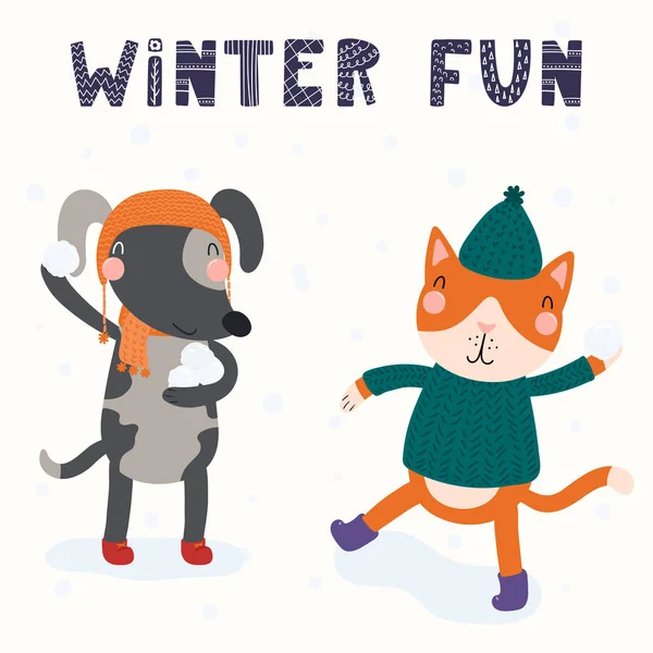 Hand drawn vector illustration of a cute funny cat and dog having snowball fight outdoors, with text Winter fun. Scandinavian style flat design. Concept for children print