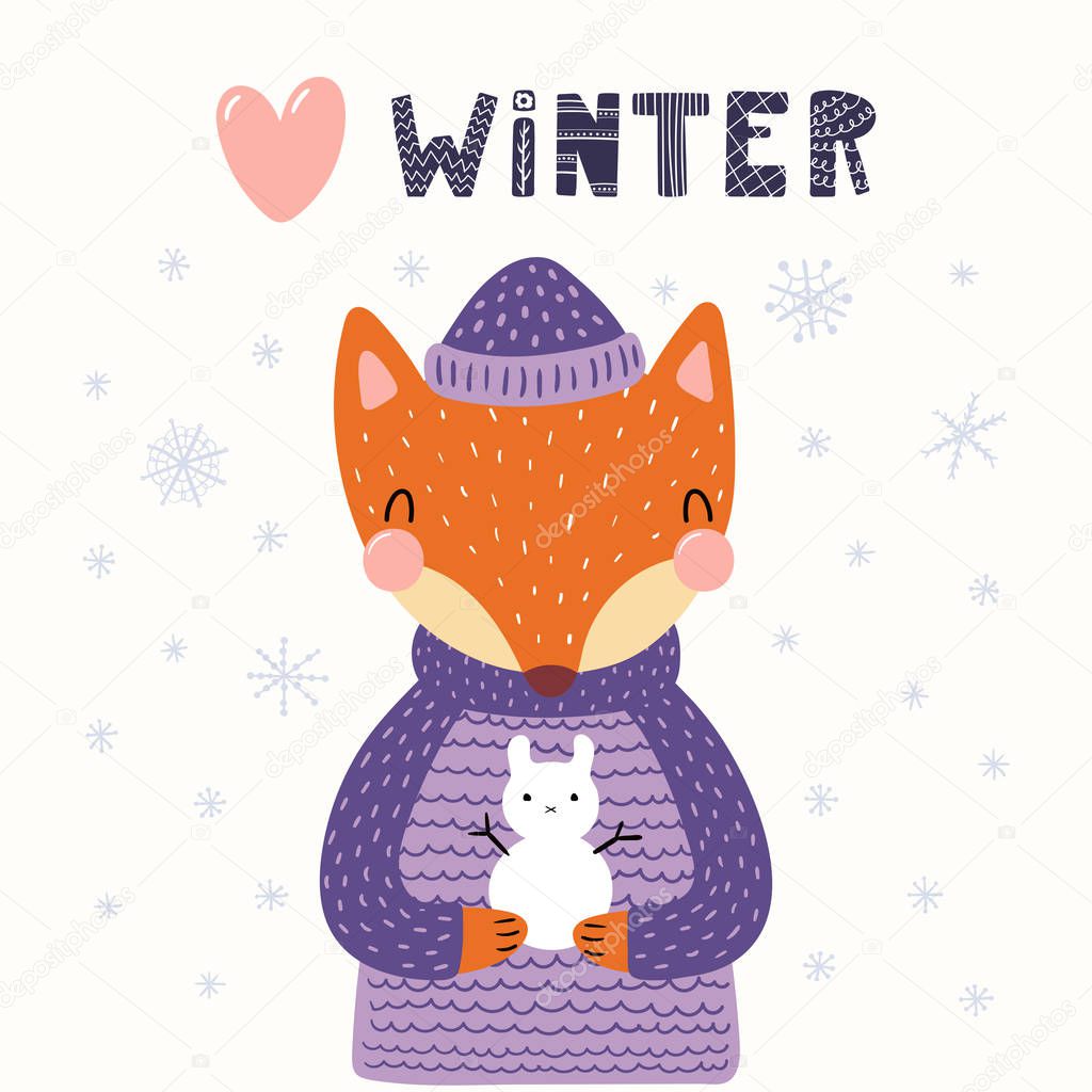 Hand drawn vector illustration of a cute funny fox holding little snowman outdoors with text Winter. Scandinavian style flat design. Concept for children print