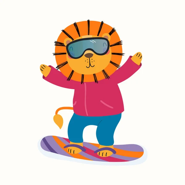 Hand Getekende Vectorillustratie Van Een Leuke Grappige Leeuw Snowboarden Buiten — Stockvector