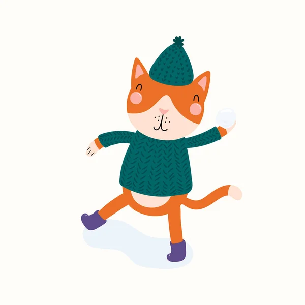 Hand drawn vector illustration of a cute funny cat throwing snowball outdoors in winter. Scandinavian style flat design. Concept for children print — Stock Illustration Hand Drawn Vector Illustration Cute Funny Cat Throwing Snowball Outdoors Stock Vector