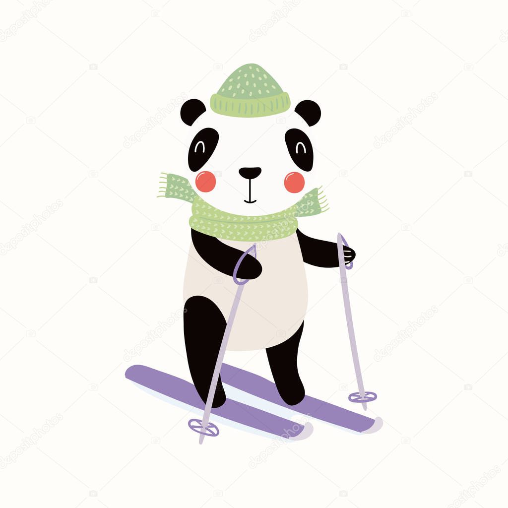 Hand drawn vector illustration of a cute funny panda skiing outdoors in winter. Scandinavian style flat design. Concept for children print