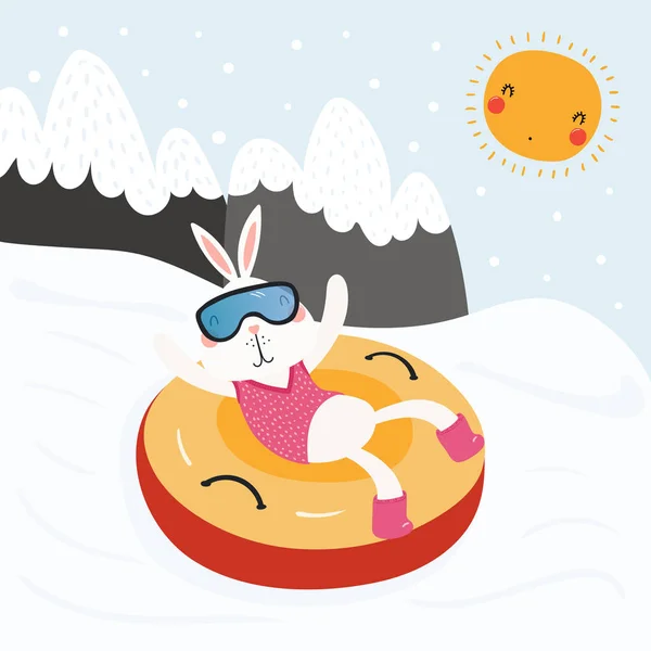 Ručně Tažené Vektorové Ilustrace Roztomilý Funny Bunny Snowtubing Venku Zimě — Stockový vektor