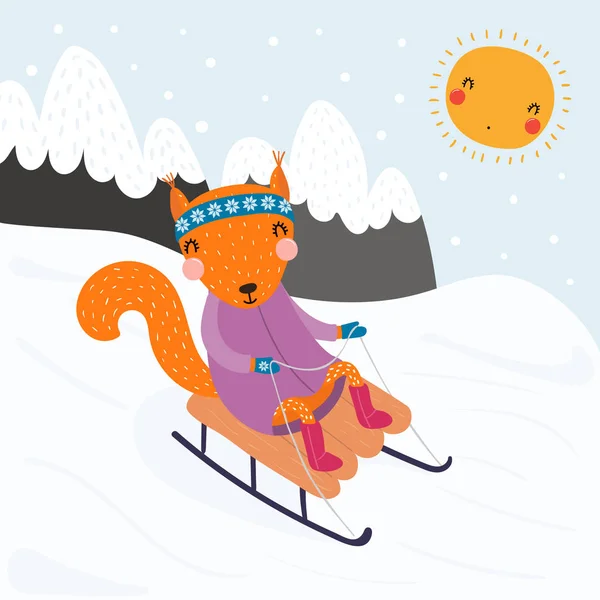 Hand Drawn Vector Illustration Cute Funny Squirrel Sledding Outdoors Winter — Stock Vector