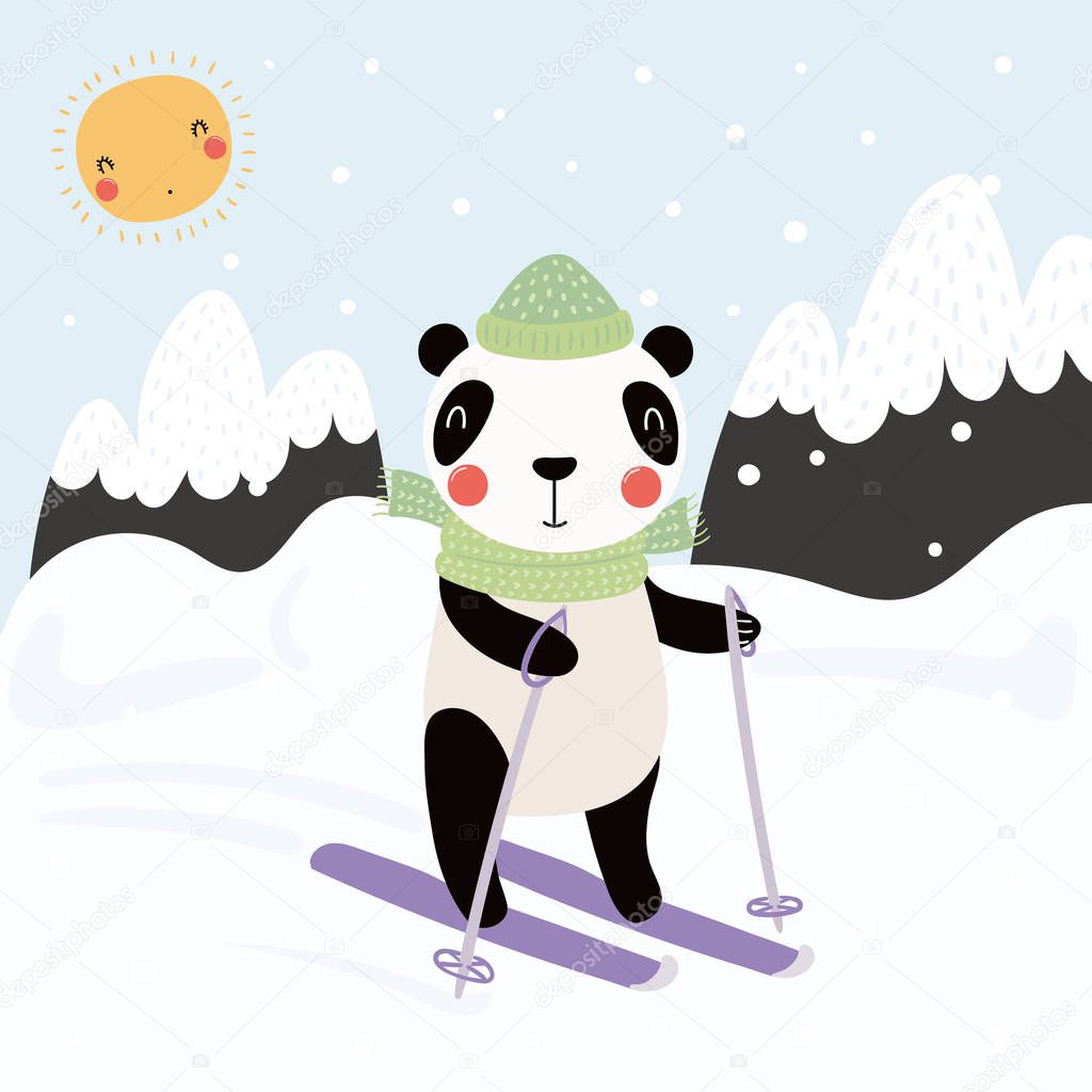 Hand drawn vector illustration of a cute funny panda skiing outdoors in winter with mountain landscape background. Scandinavian style flat design. Concept for children print.