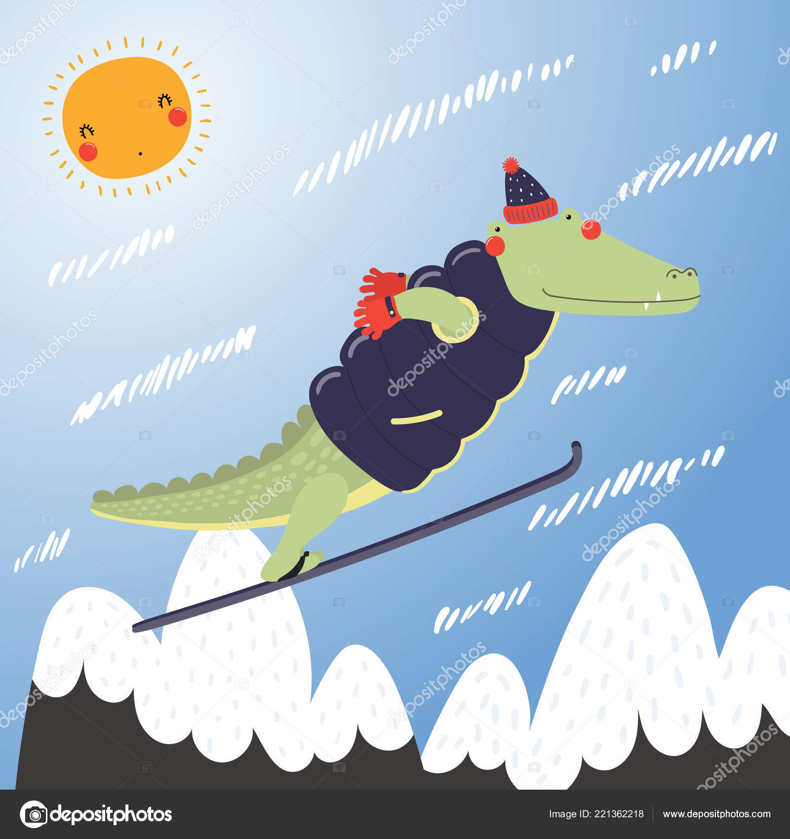 Illustration Vecteur Dessiné Saut Ski Mignon Drôle Crocodile