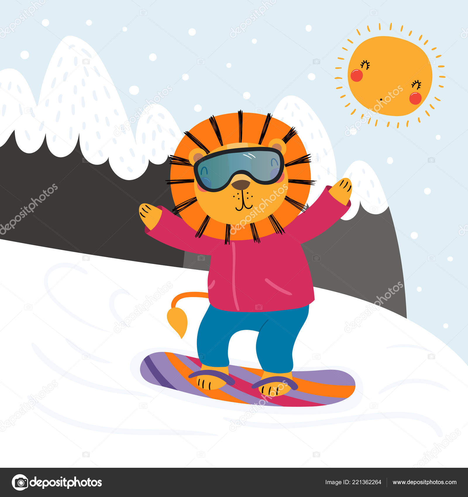 Illustration Vecteur Dessiné Lion Drôle Mignonne Snowboard