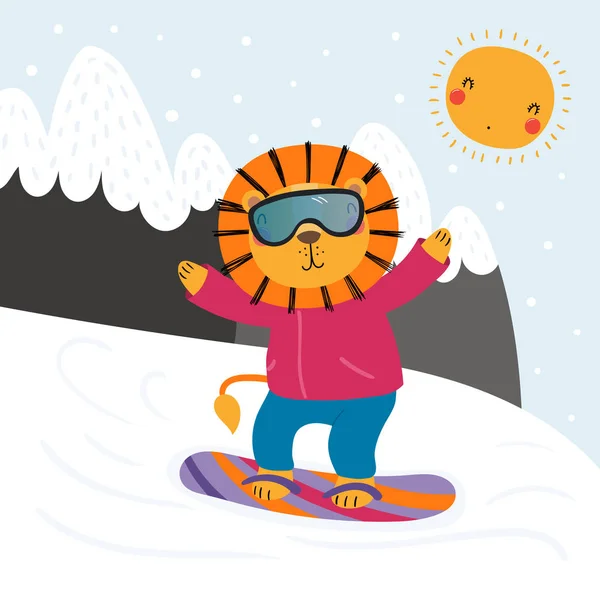 Ručně Kreslenou Vektorové Ilustrace Roztomilý Funny Lev Snowboardingu Venku Zimě — Stockový vektor