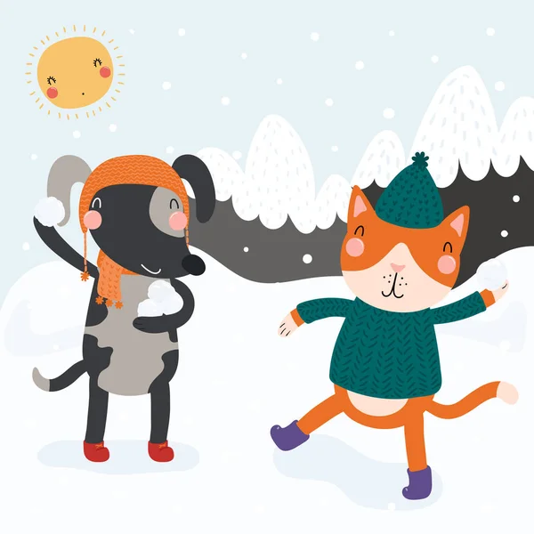 Hand drawn vector illustration of a cute funny cat and dog having snowball fight outdoors in winter with mountain landscape background. Scandinavian style flat design. Concept for children print. — Stock Illustration Hand Drawn Vector Illustration Cute Funny Cat Dog Having Snowball Stock Illustration