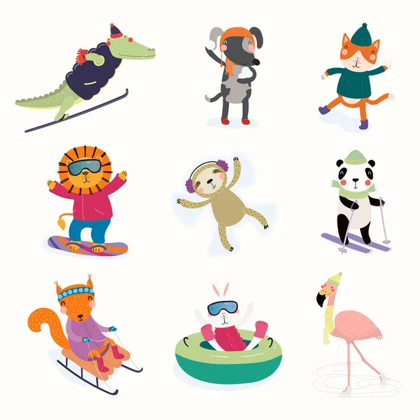 Set with hand drawn cute animals in winter, playing, skiing, sledding, snowboarding, tubing, skating, Scandinavian style flat design. Concept kids print — Stock Illustration Set Hand Drawn Cute Animals Winter Playing Skiing Sledding Snowboarding Royalty Free Stock Vectors