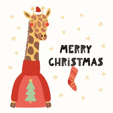 Bir Santa Claus şapka ve kazak metinle Merry Christmas, İskandinav tarzı düz tasarım, konsept çocuk kartı şirin komik zürafa çizilmiş vektör çizim el.