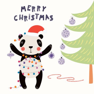 Işıklı Noel Baba şapkası ve süs ağacı, metin mutlu Noeller, İskandinav tarzı düz tasarım, konsept çocuk kartı ile sevimli panda vektör çizim el çekilmiş.