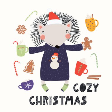 Bir Santa şapka ve kazak kakao ve tatlılar, metin rahat Noel, İskandinav tarzı düz tasarımı, çocuk kart kavramı ile şirin komik kirpi elle çizilmiş vektör çizim.