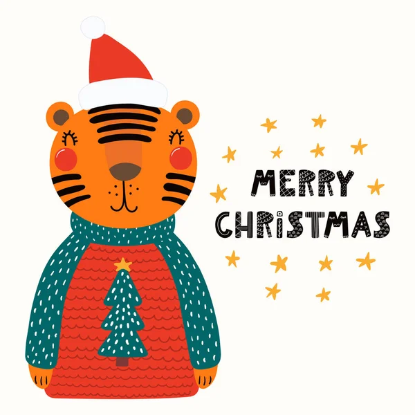 サンタの帽子とセーター本文メリー クリスマス 北欧スタイルのフラットなデザイン 子カードのコンセプトでかわいい面白い虎の描かれたベクター イラストを手します — ストックベクタ