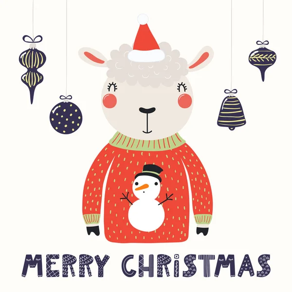 サンタの帽子とセーター本文メリー クリスマス 北欧スタイルのフラットなデザイン 子カードのコンセプトでかわいい面白い羊の描画ベクトル イラストを手します — ストックベクタ