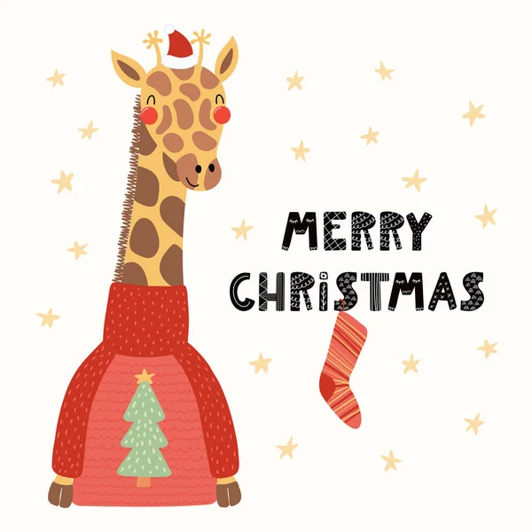 Handgezeichnete Vektor Illustration Einer Niedlichen Lustigen Giraffe Mit Weihnachtsmann Hut — Stockvektor