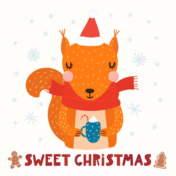 모자에 귀여운 다람쥐의 그려진된 일러스트 코코아 텍스트 달콤한 크리스마스 스타일 — 스톡 벡터