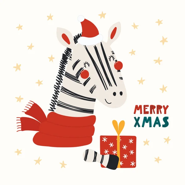 Handgezeichnete Vektor Illustration Eines Niedlichen Lustigen Zebras Weihnachtsmütze Und Schal — Stockvektor