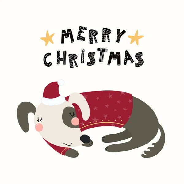 Ilustración Vectorial Dibujada Mano Lindo Perro Dormido Divertido Sombrero Santa — Vector de stock