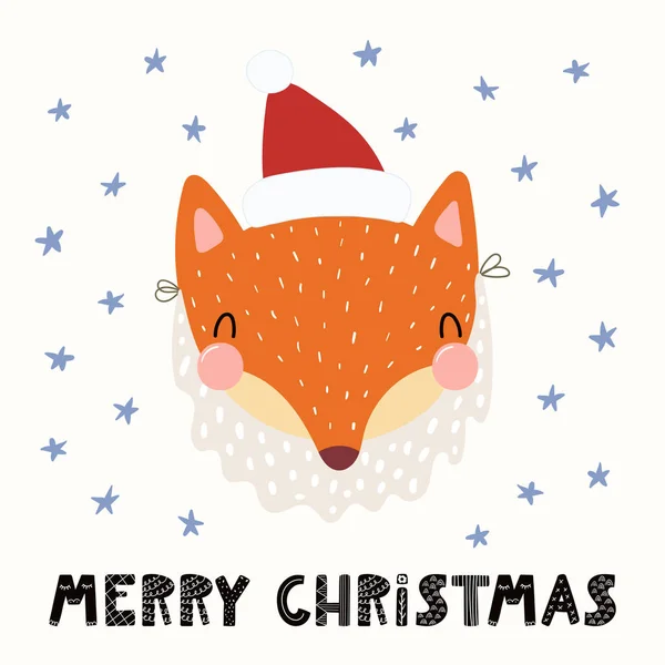 Ručně Kreslenou Vektorové Ilustrace Roztomilý Funny Fox Santa Claus Klobouk — Stockový vektor