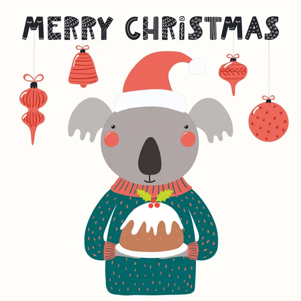 Ilustracja Wektorowa Ręcznie Rysowane Cute Koala Śmieszne Santa Hat Sweter — Wektor stockowy