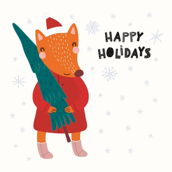 Hand Getrokken Vectorillustratie Voor Een Leuke Grappige Fox Een Kerstman — Stockvector