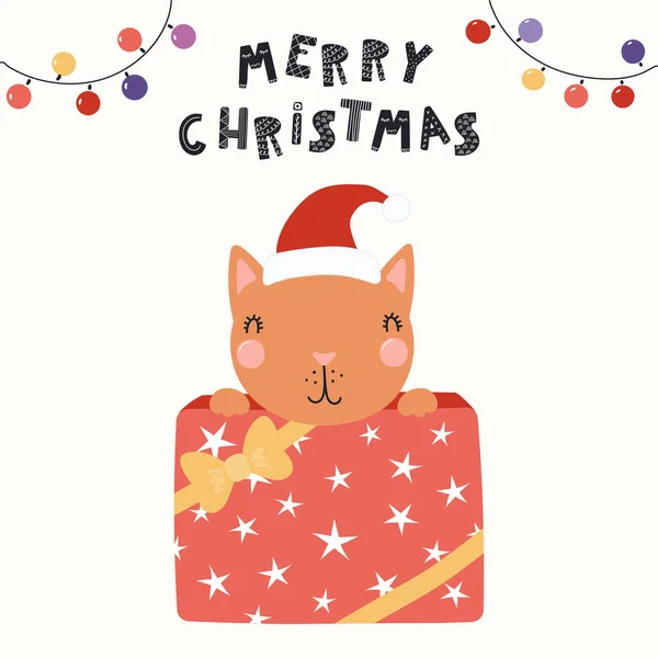 Handgezeichnete Vektor Illustration Einer Niedlichen Lustigen Katze Mit Weihnachtsmütze Die — Stockvektor