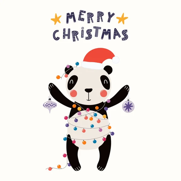 Ilustración Vectorial Dibujada Mano Lindo Panda Divertido Sombrero Santa Con — Vector de stock