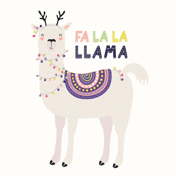 Векторная Иллюстрация Милой Забавной Ламы Оленьих Рогах Светом Текстом Llama — стоковый вектор