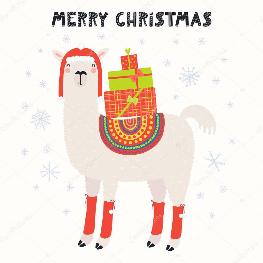 Hand drawn vector illustration of a cute funny llama in a hat with gifts, text Merry Christmas, Scandinavian style flat design, Concept for children card.