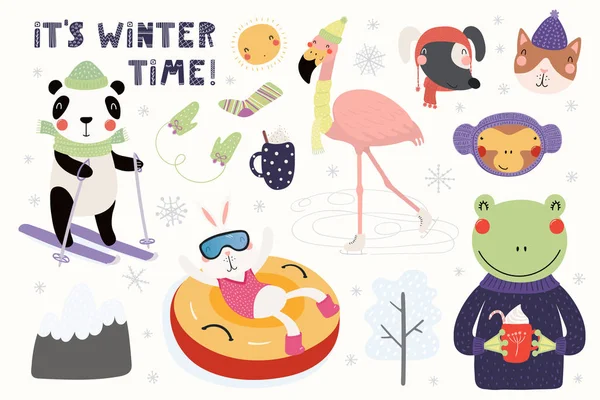 大集与逗人喜爱的动物在冬季玩在雪地 滑冰与文本你好冬天 斯堪的纳维亚风格平面设计 概念儿童卡 — 图库矢量图片