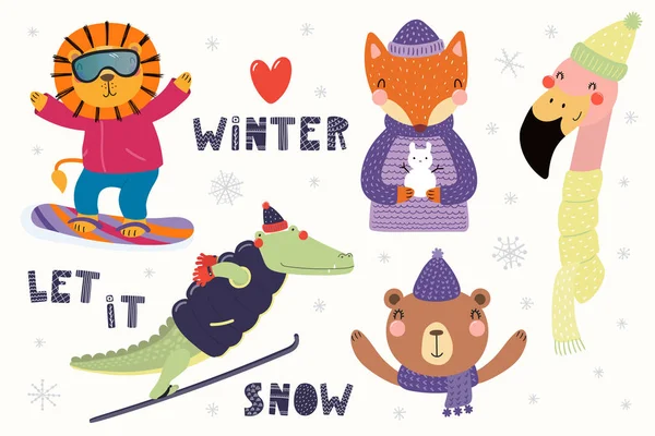 Большой Набор Милыми Животными Зимой Играть Снег Кататься Лыжах Сноуборде — стоковый вектор