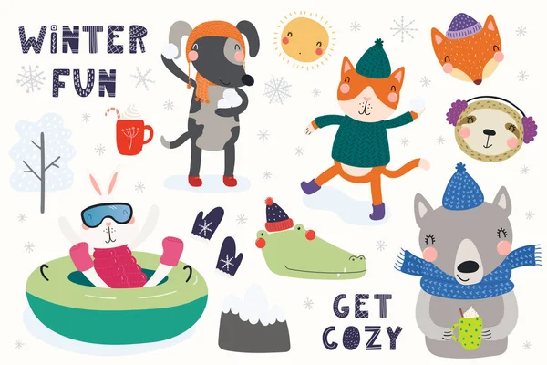 Big set with cute animals in winter playing in the snow and tubing while having snowball fight with text Winter fun, get cozy , Scandinavian style flat design, Concept for children card. — Stock Illustration Big Set Cute Animals Winter Playing Snow Tubing While Having Stock Illustration