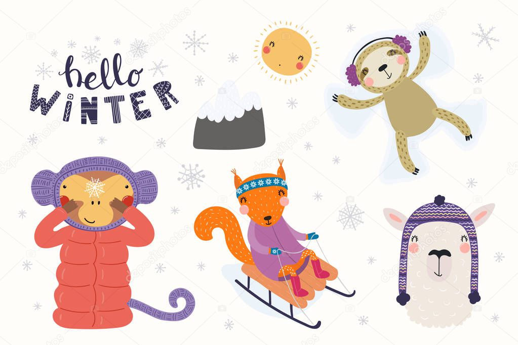 Big set with cute animals in winter playing in the snow, sledding, making snow angel with text hello Winter, Scandinavian style flat design, Concept for children card.