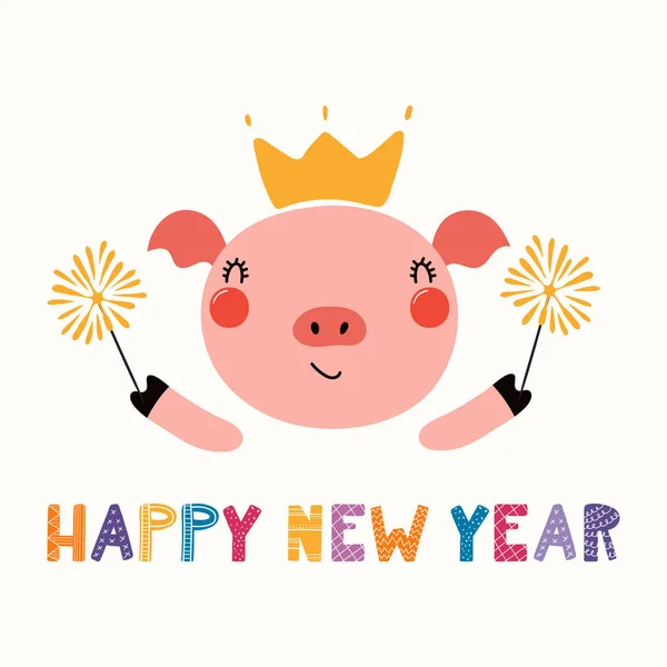 Hand Drawn Vector Illustration Cute Funny Pig Crown Sparklers Text — Stock Vector