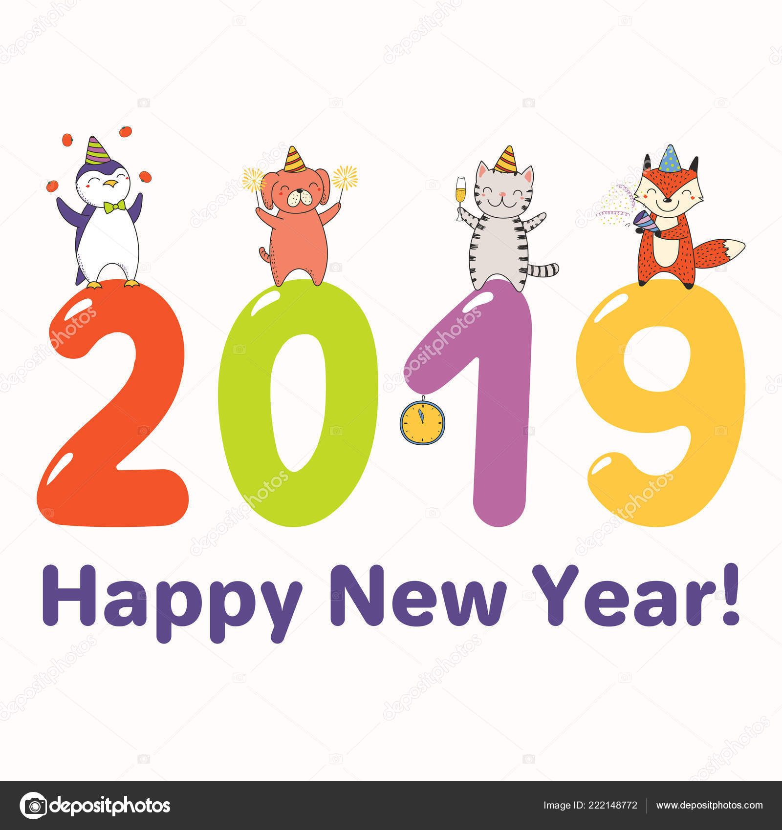 Hand Drawn New Year 19 Greeting Card Cute Funny Animals Vector Image By C Maria Skrigan Vector Stock