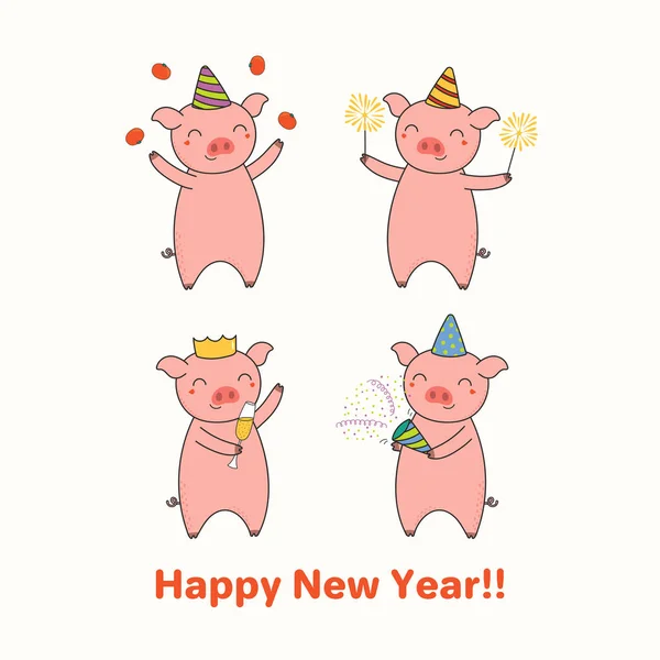 Carte Voeux Nouvel Dessinée Main Avec Jolis Cochons Amusants Célébrant — Image vectorielle