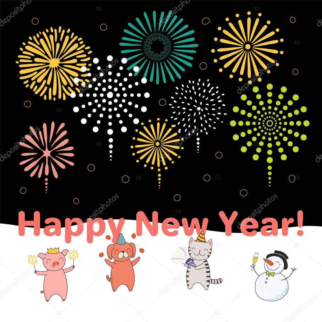 Hand Drawn New Year 19 Card With Cute Funny Animals Celebrating With Fireworks In Dark Sky Hand Drawn Vector Illustration Scandinavian Style Flat Design Concept For Christmas And Children Print Premium