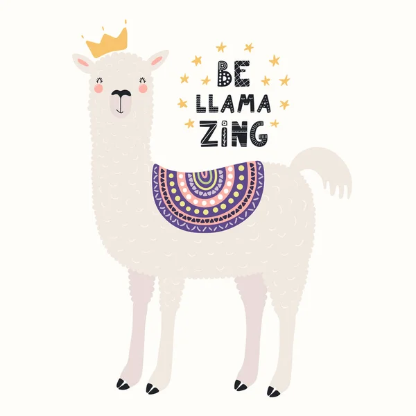 Ilustrasi Vektor Gambar Tangan Dari Seekor Llama Lucu Mahkota Dengan - Stok Vektor